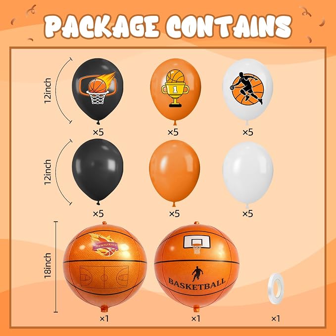 Basketball Balloons, 12 Inch Black Orange White Party Balloons - Image 2