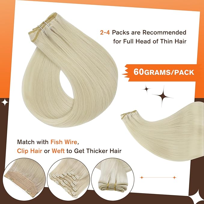 Full Shine Human Hair Clip in Extensions Platinum Blonde Human Hair Invisible Clip in Extensions Long Straight Hair 20 Inch for Thin Hair Ease of Use 60 Grams 3 PCS