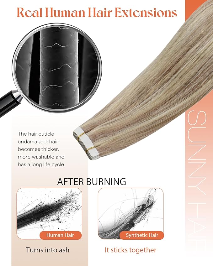 Sunny Hair Blonde Tape in Hair Extensions Human Hair Ash Blonde Highlight Bleach Blonde Hair Extensions Tape in 14 Inch Remy Tape in Txtensions for Women Wedding 20Pcs 50g