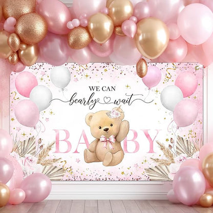 Pink Bear Baby Shower Backdrop 6x3.6 ft We Can Bearly Wait Banner - Image 2