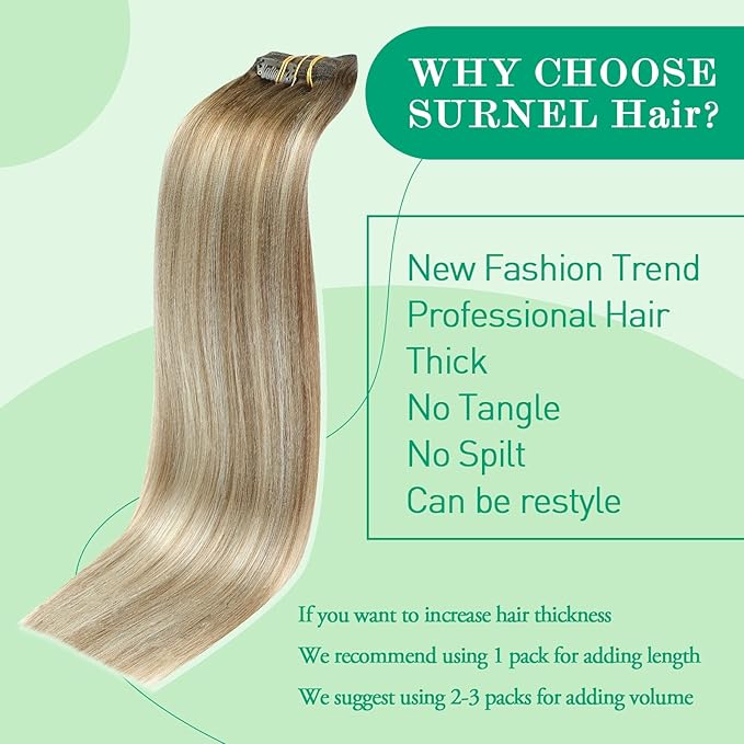 SURNEL Clip in Human Hair Extensions Balayage Clip in Hair Extensions 20 Inch 7pcs 160g Walnut Brown to Ash Brown and Golden Blonde Real Human Hair(7C#3/8/22-20'')