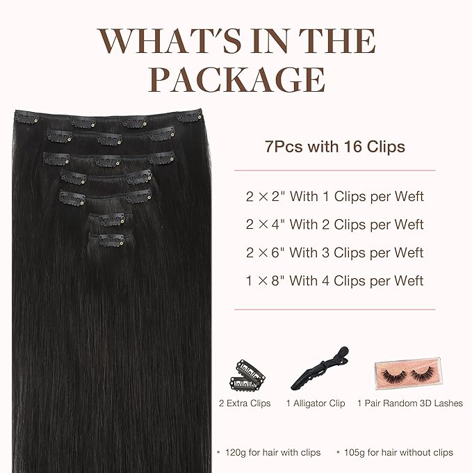 GOO GOO Clip in Hair Extensions Real Human Hair, Remy Human Hair Extensions Clip ins for Women, Natural Human Hair, 16inch 160g 7Pcs, #1B Natural Black