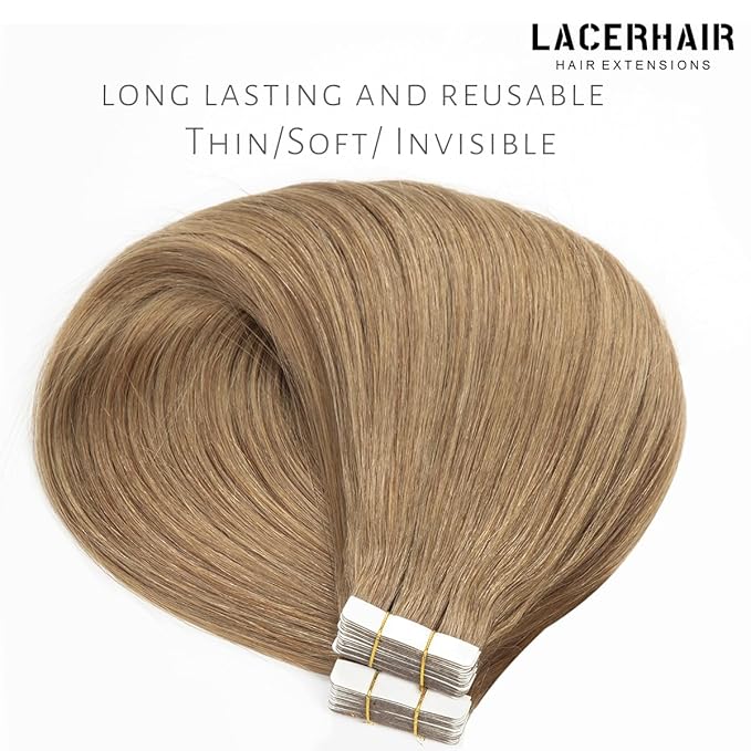 Lacer Tape In Real Human Hair Extensions, Semi-permanent Remy Human Hair for Women, 20 Pieces 50 Grams, #10 Gold Brown, 16 Inch