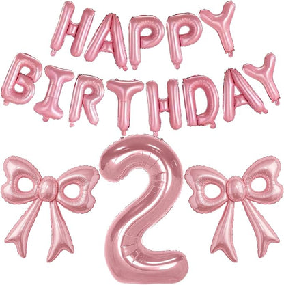 Bow Number 2 Birthday Balloons, 40” Pink Aluminum Foil Balloons Happy Birthday by BSRESIN