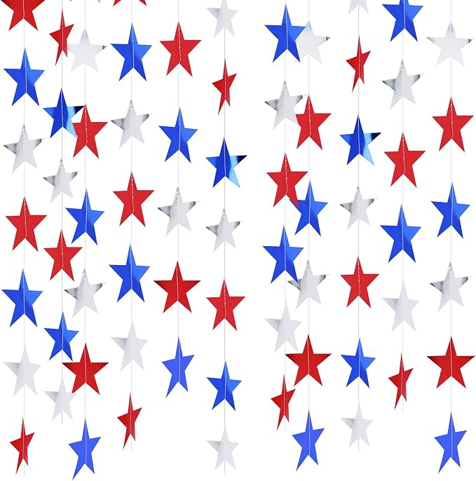 BEISHIDA Red Blue Silver Star Garland Decor Twinkle Star 250th Anniversary by Beishida