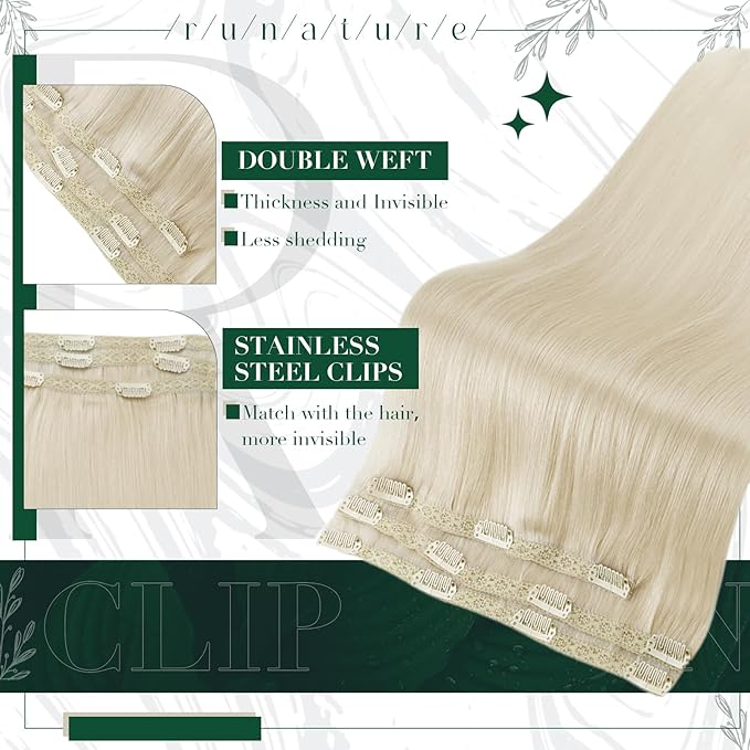 RUNATURE Clip in Hair Extensions Real Human Hair, Remy Human Hair Clip in Extensions for Women, Natural Human Hair, 20 Inch 50g 3pcs, #800 Platinum Blonde