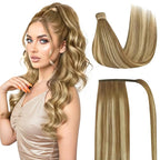 Ve Sunny Hair Extensions Ponytail Real Human Hair Wrap Around Clip in Ponytail Hair Extensions Straight Extensions Human Hair for Women Chestnut Brown Ombre Platinum Blonde Balayage 16inch 80G