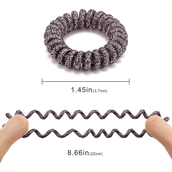 Spiral Glitter Rose Gold Plastic Hair Ties (12 Pcs) - Coil Ponytail Holders for Thick Hair, No Crease Phone Cord Hair Ties for All Types