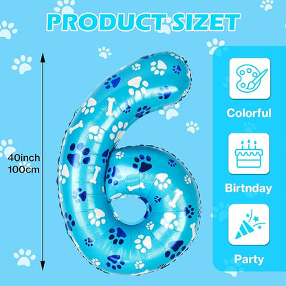 40 Inch Blue Dog Paw Birthday Balloons, Number 6 Balloons - Image 2