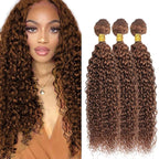 30 32 34 Inch Color #30 Human Hair Bundles Light Brown Water Wave Bundle Niegmeag Brazilian Virgin Soft and Silky Remy Hair Extensions Color #30 Wet and Wavy Bundle