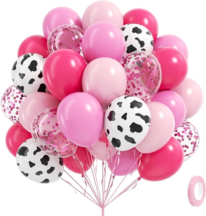 60pcs Cowgirl Balloons, Hot Pink Light Pink Confetti Cow Print Latex Balloons by Vicduotex