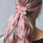 2 Piece Heart Print Ribbon Bow Elastic Hair Ties for Women Trendy Knotted Bow Valentine's Day Hair Scrunchies Soft Scarf Scrunchy with Flowing Tails