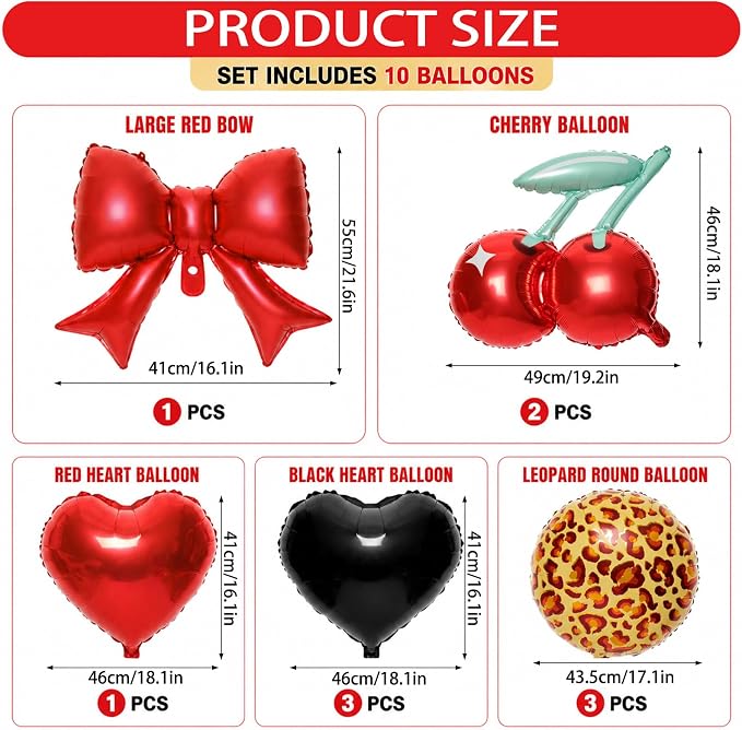 10Pcs Red Bow Cherry Cheetah Print Foil Balloon Set Women Party Photo Booth | - Image 2