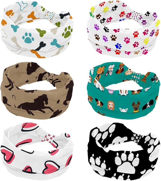 6 Pcs Stretchy Headbands for Women, Absorbed Sport Headband Soft Twist Knotted Headbands for Daily Life Yoga Workout, Dogs Collection Multi Animal