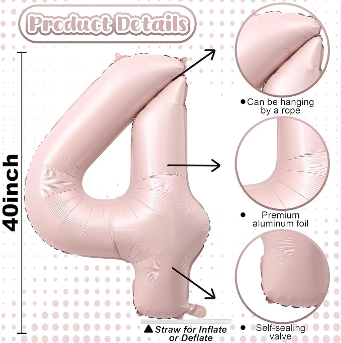 40 Inch Pastel Pink Number Balloon 4, Large Self Inflating Retro Dusty Pink - Image 2