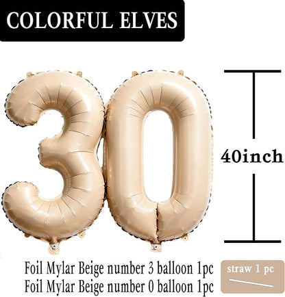 Beige Number 30 Balloons 40 Inch | Giant Beige 30 Foil Mylar Balloons, 30th - Image 2