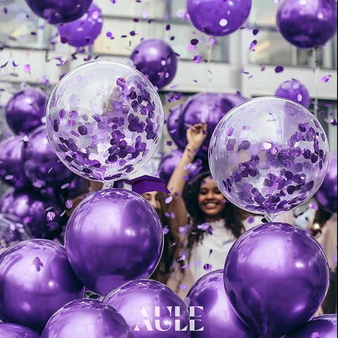 AULE 42Pcs Metallic 12 Inch Purple Confetti Balloons Set | Purple Party Balloons - Image 2