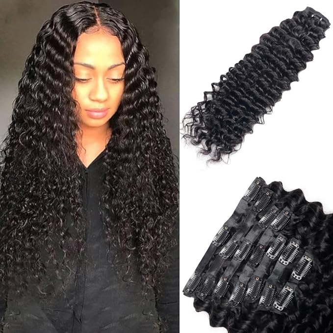 Seamless Clip in Hair Extensions Human Hair Deep Wave Clip ins for Black Women 8Pcs Brazilian Virgin Human Hair Clip in Extensions PU Skin Weft 18Clips 120g 20inch Natural Black