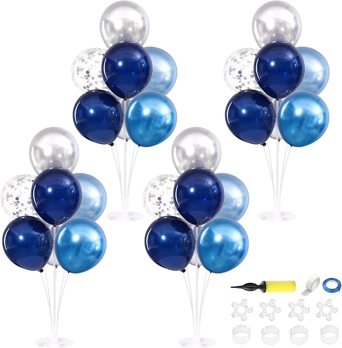 4 Sets Navy Blue Silver Balloons Stand Kit by ZyloonDecoration