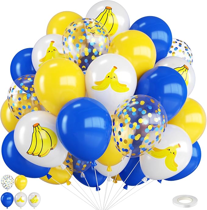 Blue and Yellow Balloons, 12 Inch Banana Print Blue Yellow Gold Confetti Balloon by FunHot