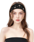 Grommet Headband for Women, Black Round Studs 23cm Hollow Out Elastic Hair Band, Eyelets Punk Grunge Stylish Hairband
