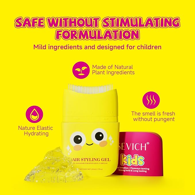 SEVICH Kids Hair Gel for Girls & Boys (Pack of 2) - Hair Finishing Stick Styling Gel for Kids, Plant-Based Formula with Comb Design, Frizz Control & Easy Wash (Cartoon Bottle) 80ml