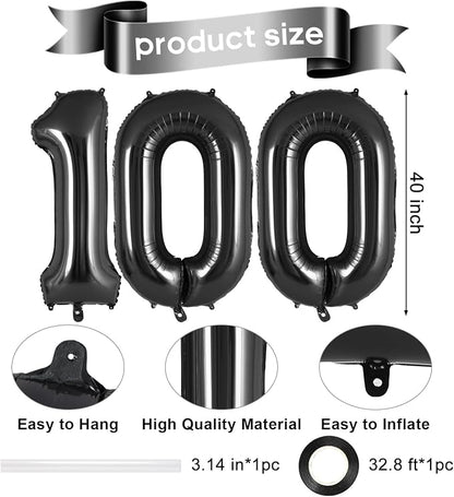 Black Number 100 Balloon, 40 Inch Foil Helium Number Balloons, 100th Birthday - Image 2