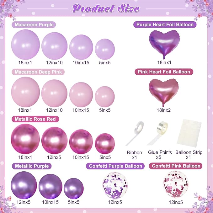 Pink Purple Balloon Garland Arch Kit, Metallic Purple Balloons | 126Pcs Rose - Image 5