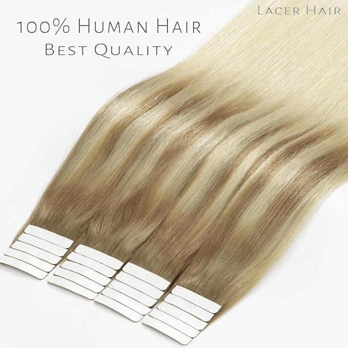 Lacer Hair Extensions Real Human Hair Tape in Balayage Light Brown to Platinum Blonde Real Virgin Tape in Hair Extensions Human Hair PU Skin Weft Double Side 50g 20pcs/set 20 Inches