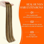 Full Shine Invisible Tape in Hair Extensions Human Hair 14 Inch Seamless 4/24/4 Brown Fading to Blonde and Brown Balayage 40G Remy Silky Hair Extension Straight Skin Weft 20Pcs Add Volume