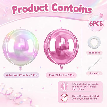 Pink and Iridescent Round Balloons Foil, 22Inch Round Shaped Ball Balloon - Image 2