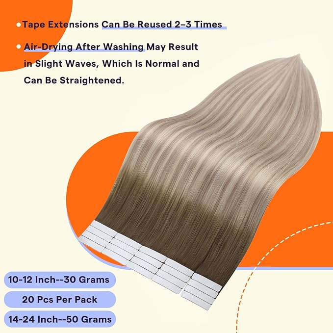 Full Shine Tape Ins Human Hair Extensions 18 Inch Remy Soft Extensions Balayage Color 8 Ash Brown Fading to 60 and 18 Ash Blonde Seamless Skin Weft Tape in Hair Extensions 20 Pcs 50 Grams for Party