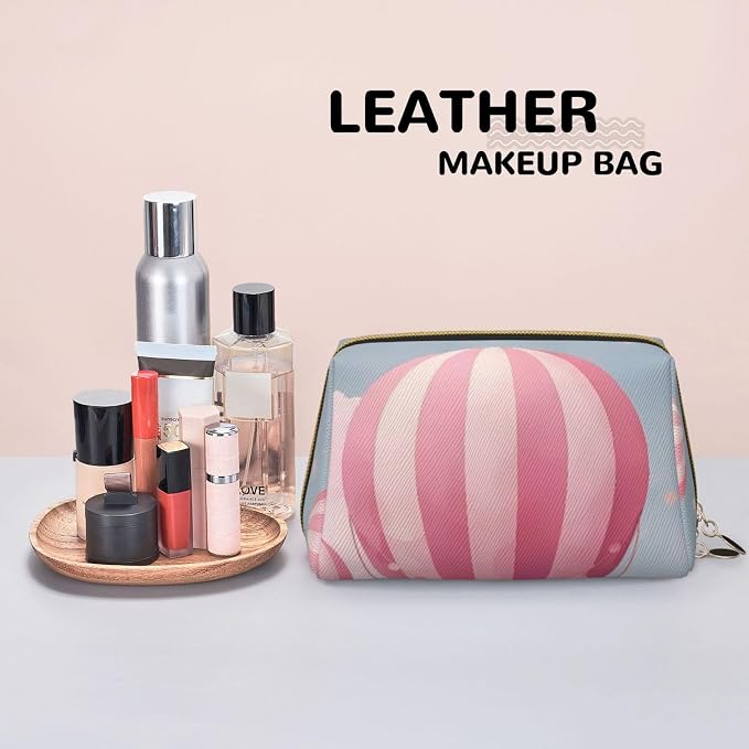 Pink Hot Air Balloon Leather Makeup Bag Cosmetic Pouch Portable Travel Toiletry - Image 7