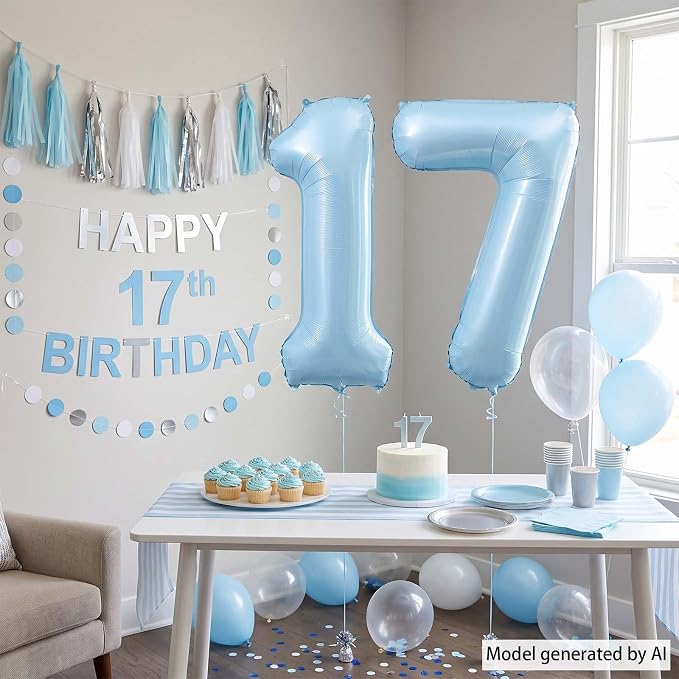 Baby Blue Number 17 Balloon 40 Inch, Foil Pastel Numeral Party Supplies | - Image 7
