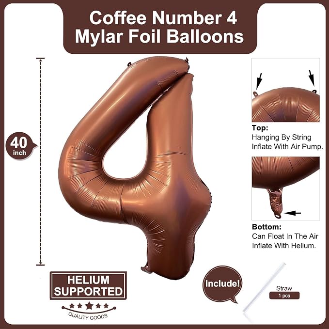 40 Inch Coffee Brown Number 4 Balloon Large Size Jumbo Digit Mylar Foil Retro - Image 2