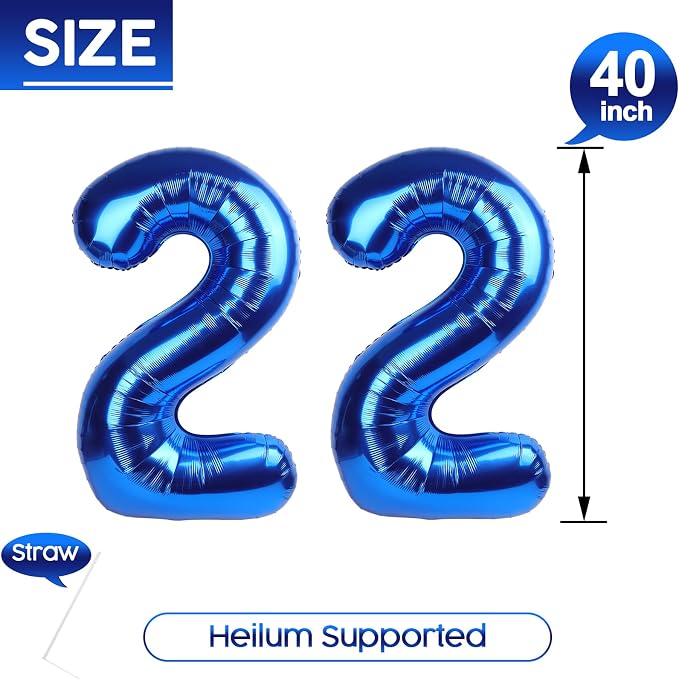 22 Balloon - Metallic Blue Birthday Number Balloons, 40 Inch Decorations | - Image 5