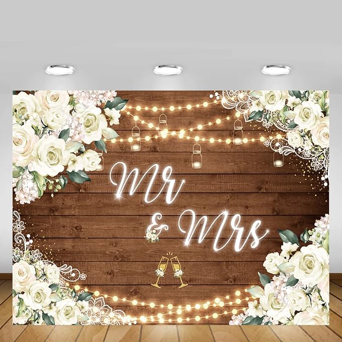 MEHOFOND 8x6ft Mr and Mrs Bridal Shower Backdrop Wedding Decorations Rustic - Image 5