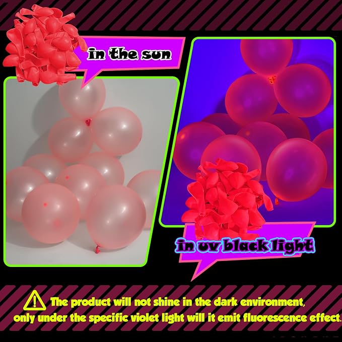100 Pcs UV Neon Red Balloons 12 inch Neon Party Supplies, Glow in the Dark - Image 4