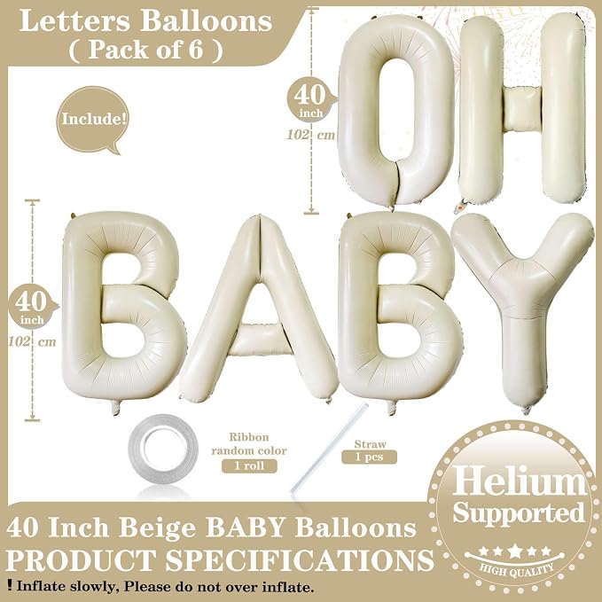 40 Inch Beige OH BABY Balloons, Giant Cream White Letters BABY Balloons Foil - Image 2