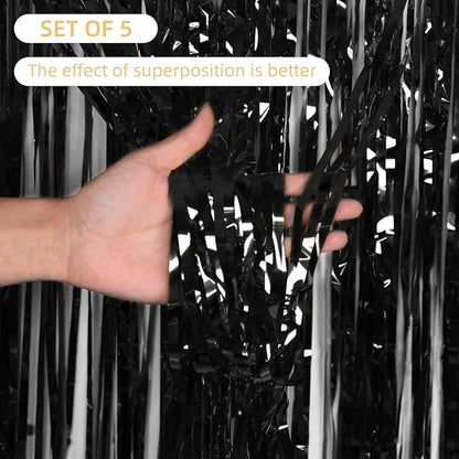 5 Pack Black Fringe Backdrop 3.2ft x 8.2ft Foil Curtain Tinsel Streamers - Image 2
