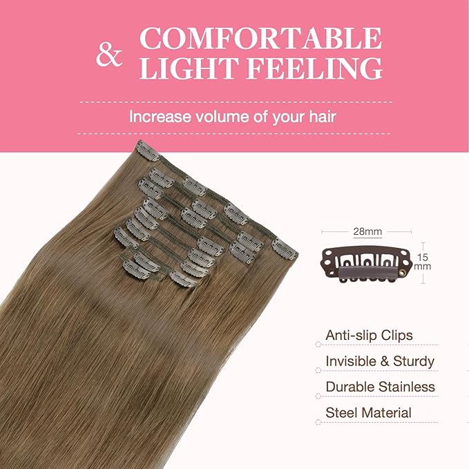 GOO GOO Clip in Hair Extensions Real Human Hair, Remy Human Hair Extensions Clip ins for Women, Natural Human Hair, 14inch 150g 9Pcs, 5 Light Ash Brown