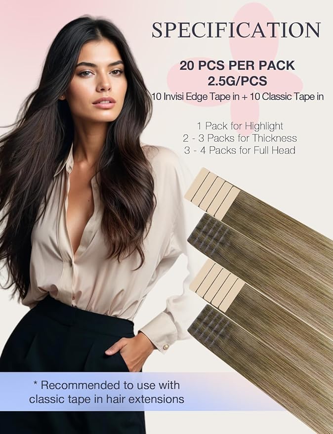 DOORES Invisi Edge Hair Extensions Real Human Hair Tape in, Walnut Brown to Ash Brown and Bleach Blonde 10 Injection Tape-ins with 10 Classic Tape-ins 50g 20 Inch, Injection Tape in