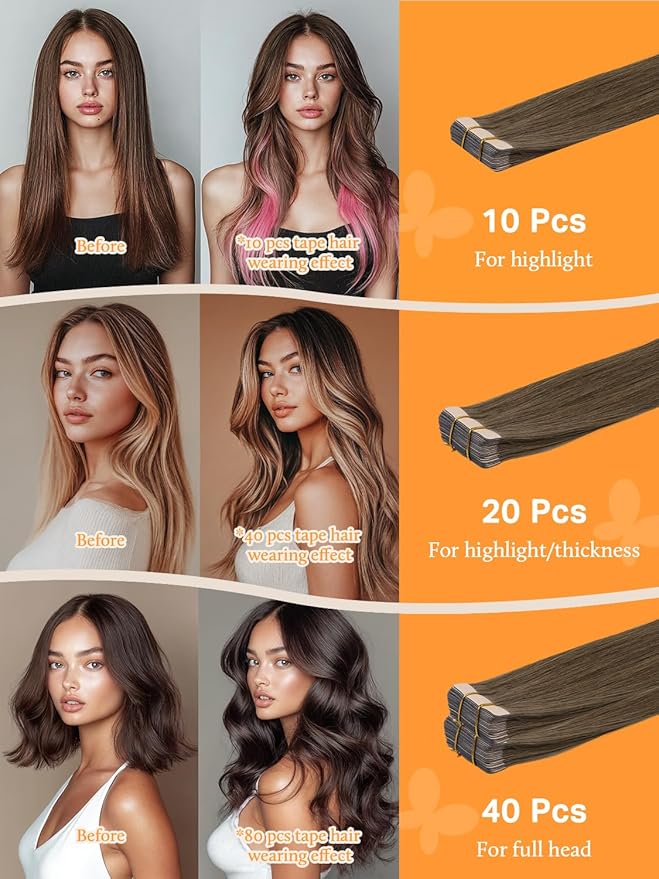 DOORES Light Ash Brown Tape in Hair Extensions - 22 Inch, 30g, 10pcs - Remy Human Hair, Straight, Skin Weft