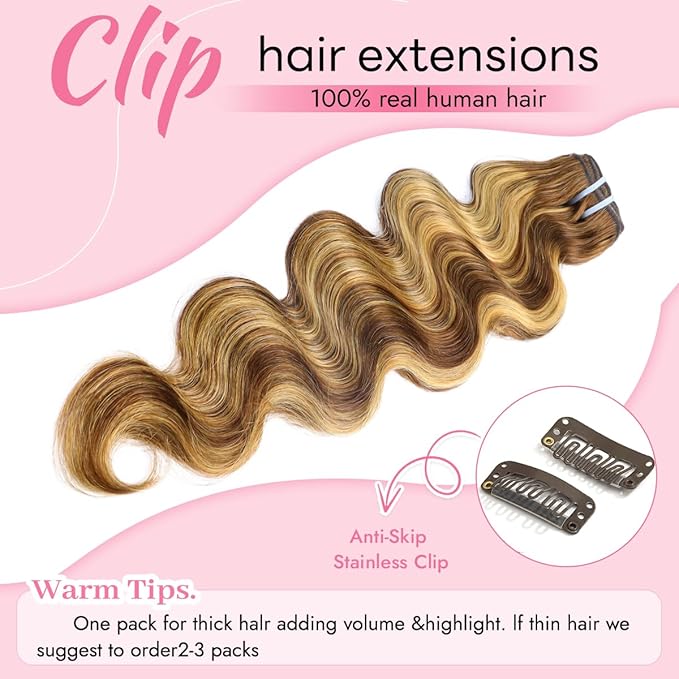 Clip in Hair Extensions Real Human Hair Body Wave #4/27 Chocolate Brown to Honey Blonde 100% Brazilian Remy Human Hair Extensions 8pcs Per Set with 18 Clips Double Weft 24 Inch 120g/3.6oz