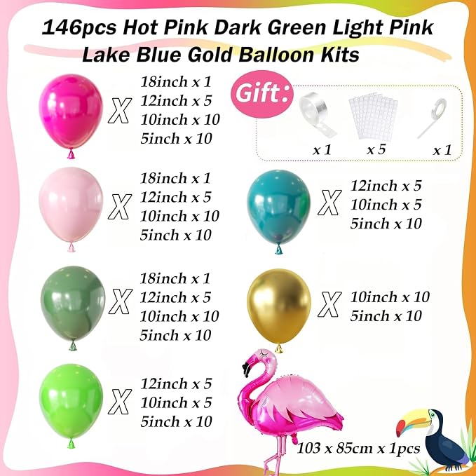 146Pcs Tropical Flamingo Balloon Arch Garland Kit, Hot Pink Dark Green Light - Image 2
