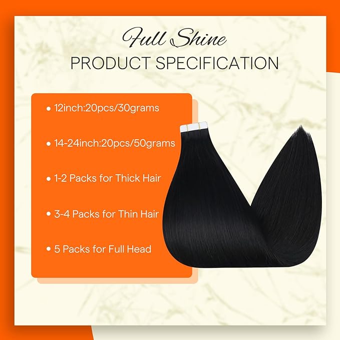 Full Shine Invisible Tape in Hair Extensions Human Hair 12 Inch Color Jet Black Invisible Tape Ins Human Hair Extensions 20Pcs 30Grams Double Sided Tape in Hair Extensions for Wedding