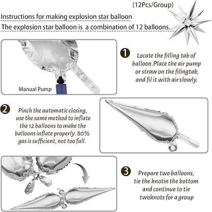Silver Star Balloons, 12 Point Cone Explosion Star Foil Balloons | 60 Pcs - Image 3