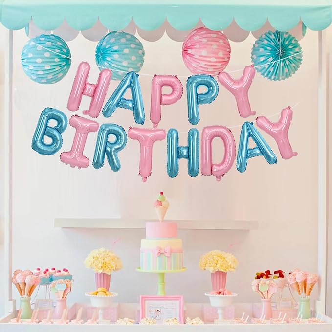 TONIFUL 16 Inch Pink Blue Happy Birthday Balloons Banner Decor - Image 6