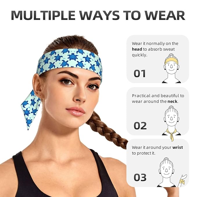 Men Women Beauty Skinny Sports Sweatbands Head Decor for Running Travel Shower, Elastic Multi Style Ocean Animal Turquoise Blue Sea Turtles Head Ribbon Headwear