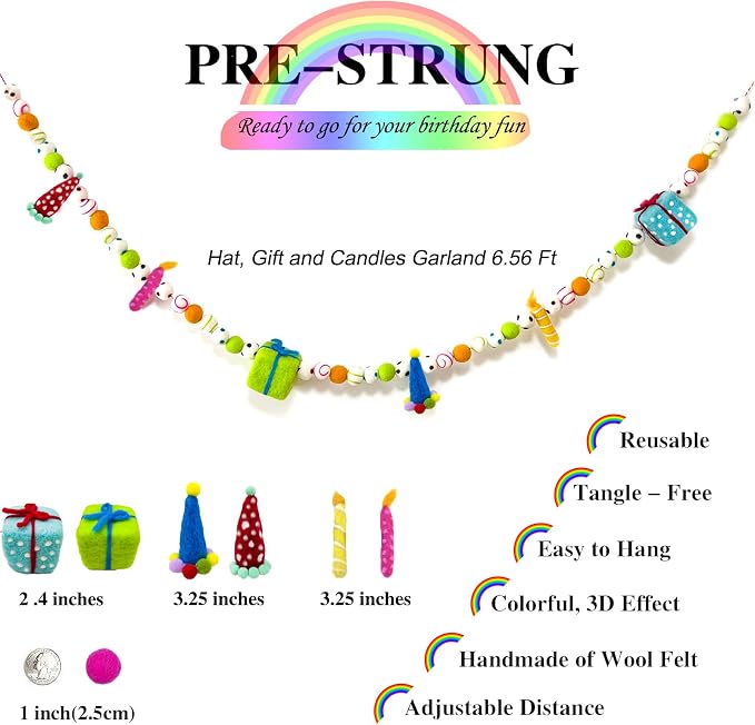 Pre-Strung Birthday Banner Handmade 3D Rainbow Wool Felt Balls Garland | - Image 5